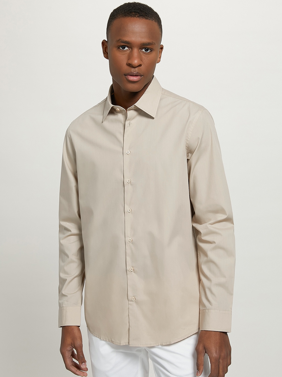 

ALCOTT Longline Solid Opaque Casual Shirt, Beige