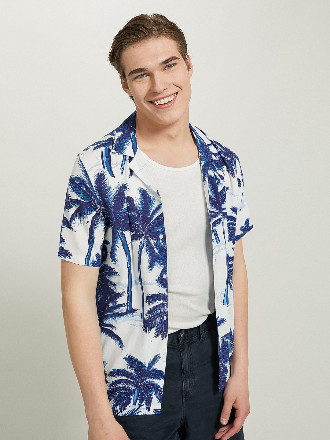 

ALCOTT Cuban Collar Tropical Print Opaque Printed Casual Shirt, Blue
