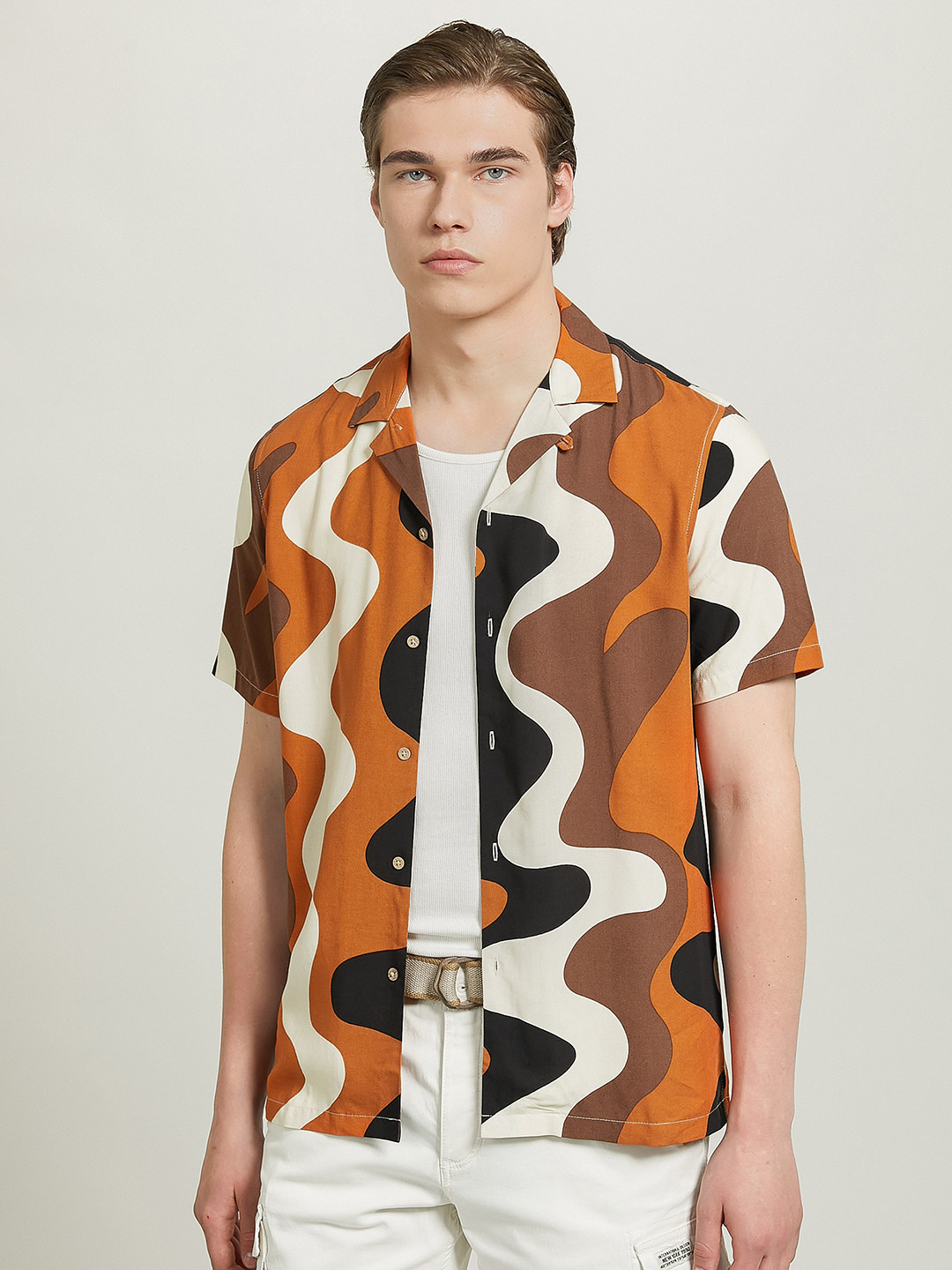 

ALCOTT Cuban Collar Abstract Printed Casual Shirt, Brown