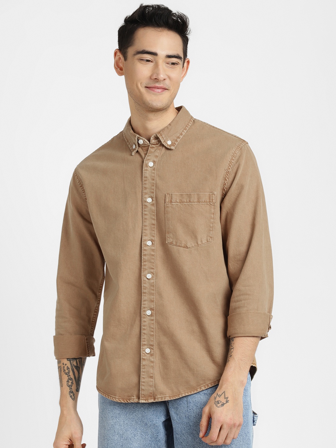 

ALCOTT Longline Twill Cotton Opaque Casual Shirt, Brown