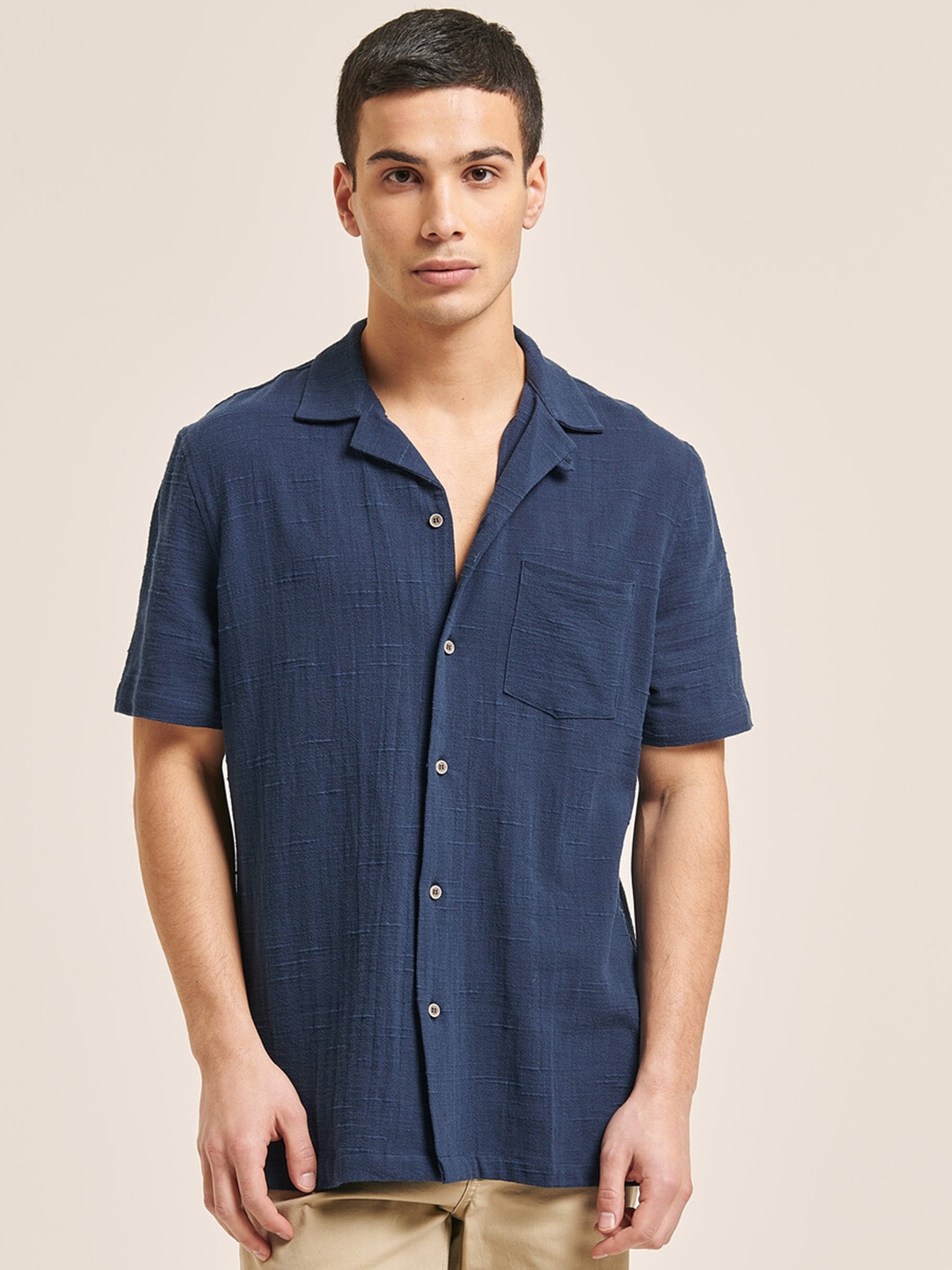

ALCOTT Longline Cuban Collar Cotton-Linen Boxy Opaque Casual Shirt, Navy blue