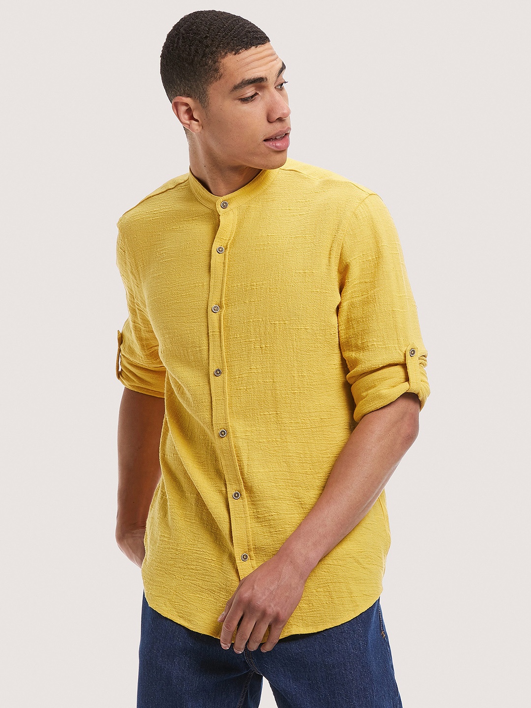 

ALCOTT Longline Band Collar Cotton-Linen Opaque Casual Shirt, Mustard