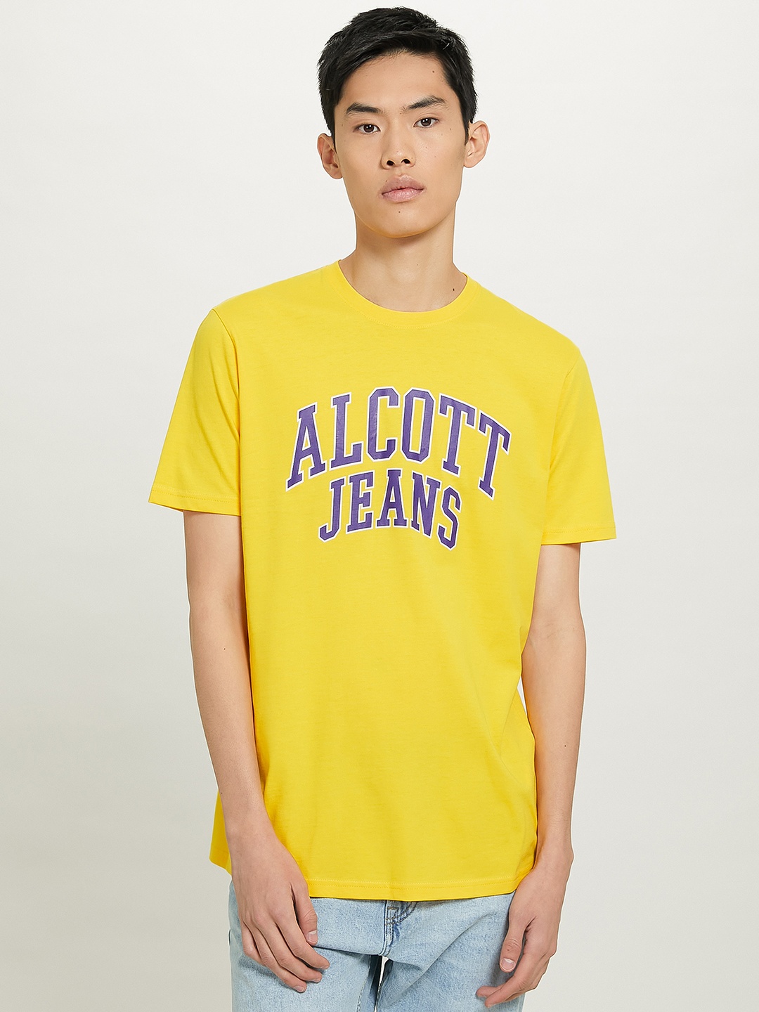 

ALCOTT Men Brand Logo Printed Pure Cotton T-shirt, Yellow