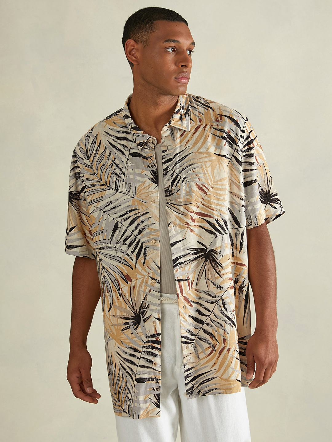 

ALCOTT Longline Tropical Printed Casual Shirt, Beige