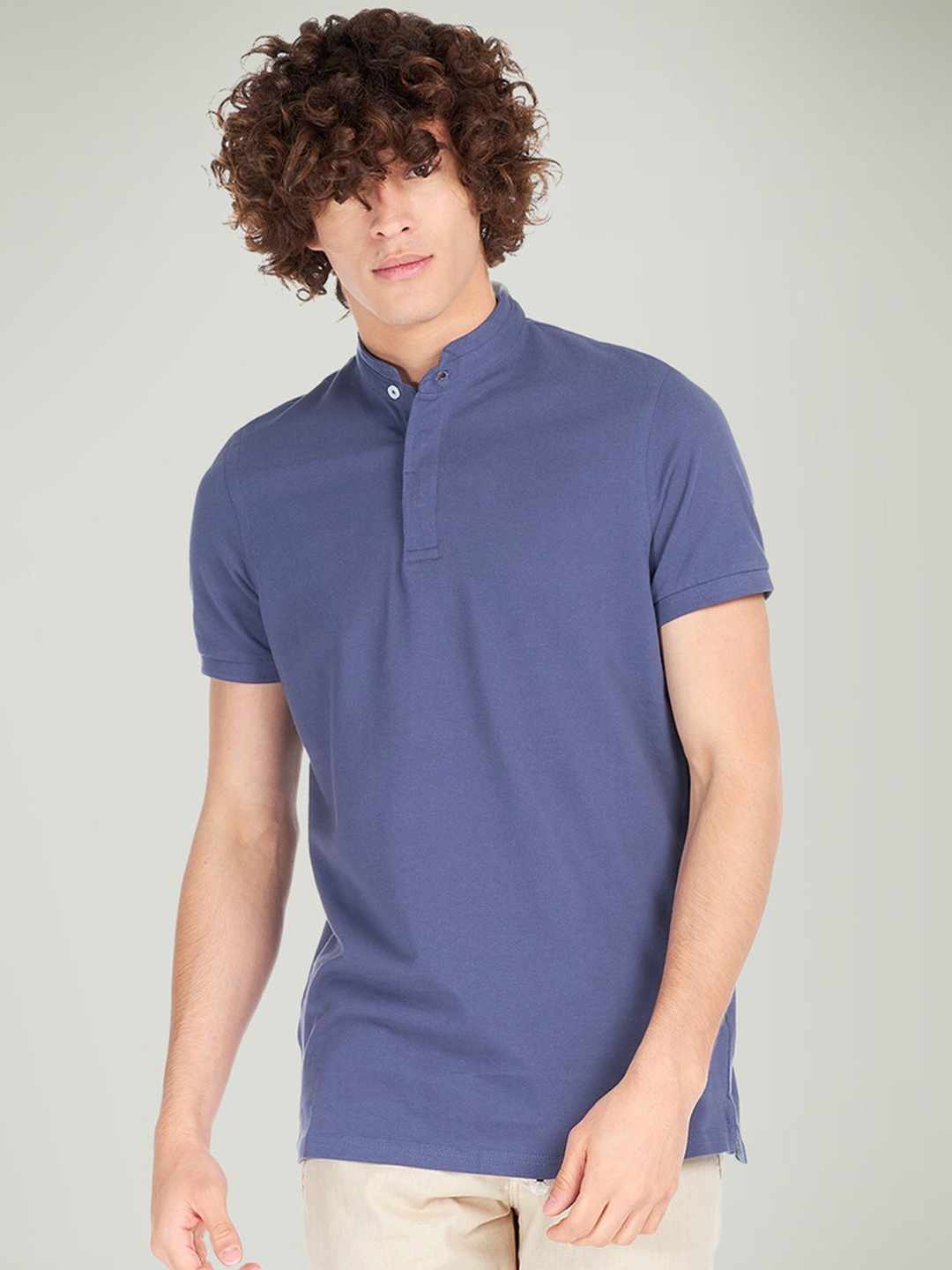 

ALCOTT Men Mandarin Collar Pure Cotton T-shirt, Blue