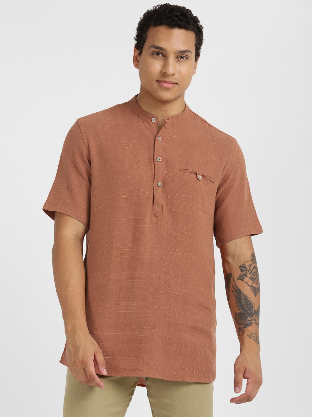 

ALCOTT Longline Band Collar Cotton-Linen Boxy Casual Shirt, Rust