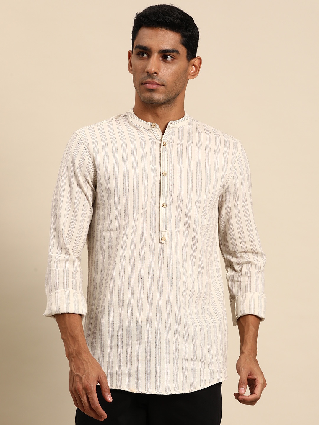 

ALCOTT Striped Cotton Linen Half Placket Shirt, Beige