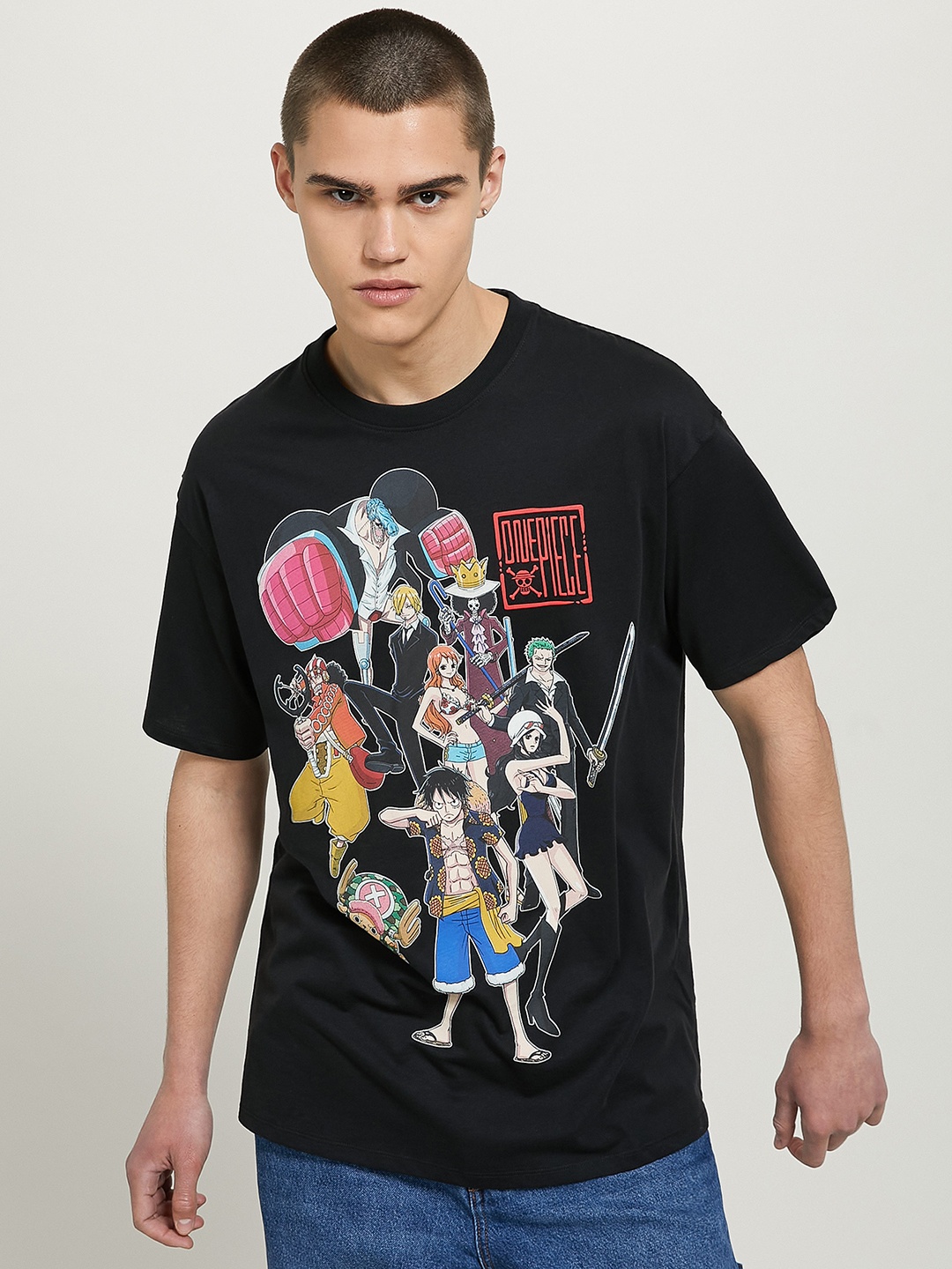 

ALCOTT Relaxed Fit One Piece Anime Printed Pure Cotton T-shirt, Black