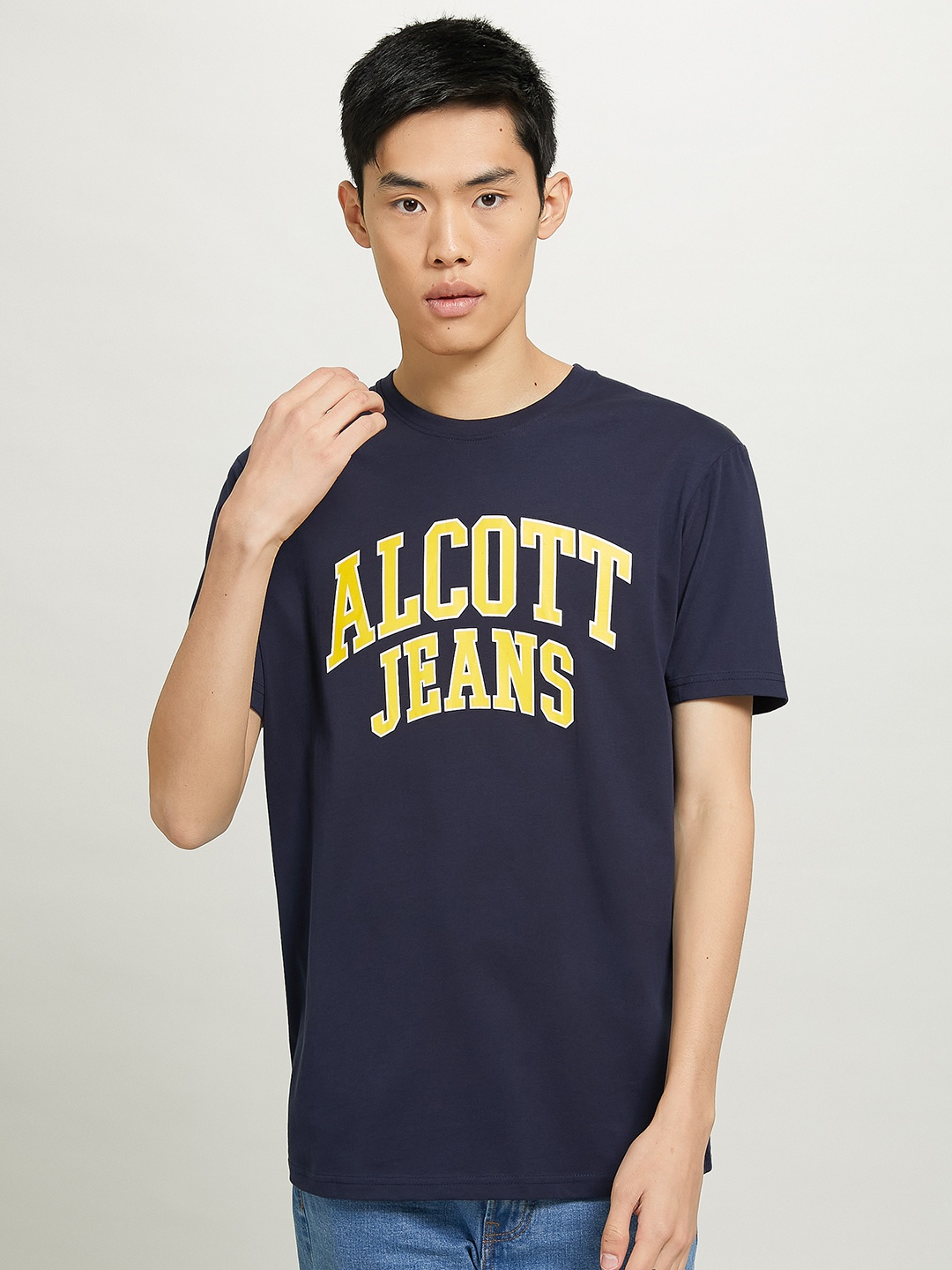 

ALCOTT Men Brand Logo Printed Pure Cotton T-shirt, Navy blue