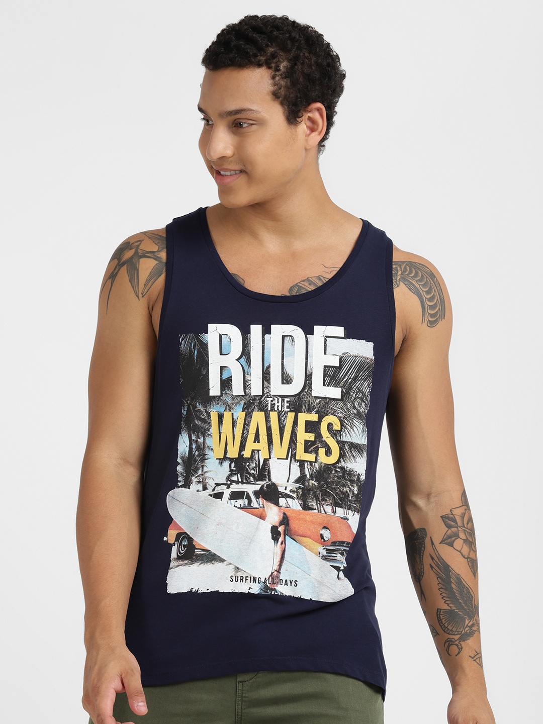 

ALCOTT Graphic & Typography Printed Pure Cotton T-shirt, Navy blue