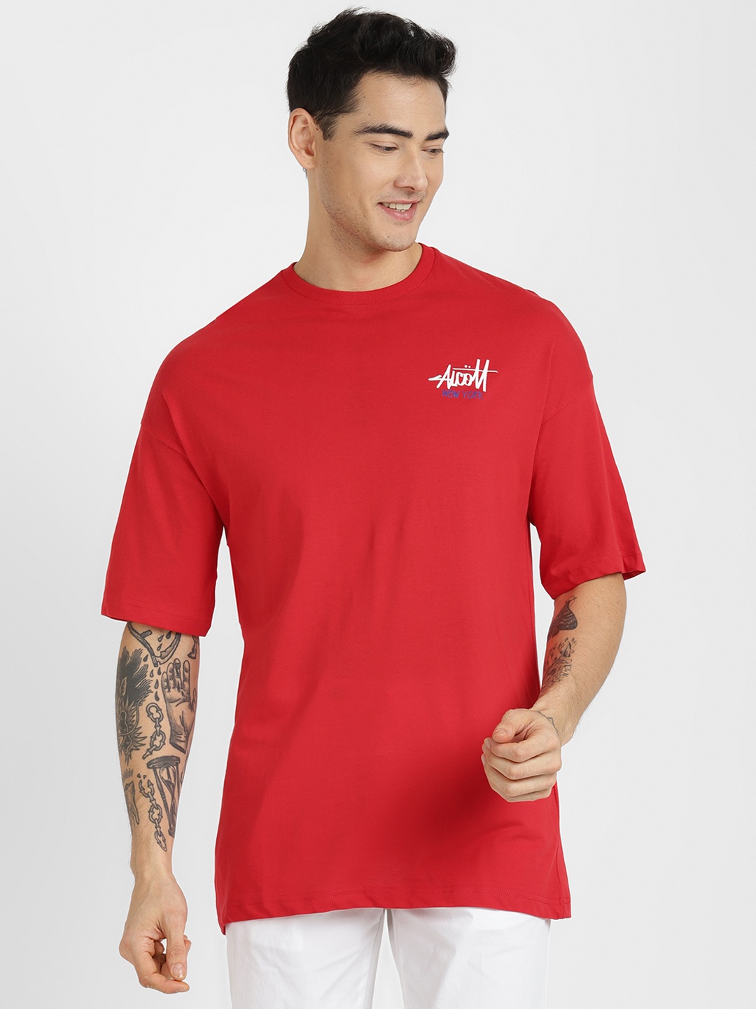 

ALCOTT Men Brand Logo Printed Pure Cotton T-shirt, Red