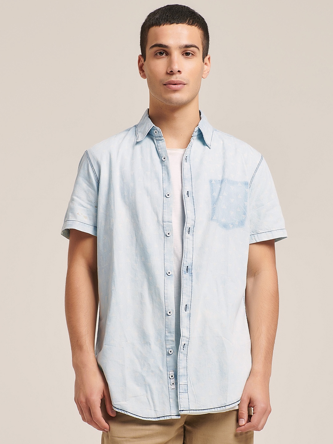 

ALCOTT Longline Denim Printed Casual Shirt, Blue