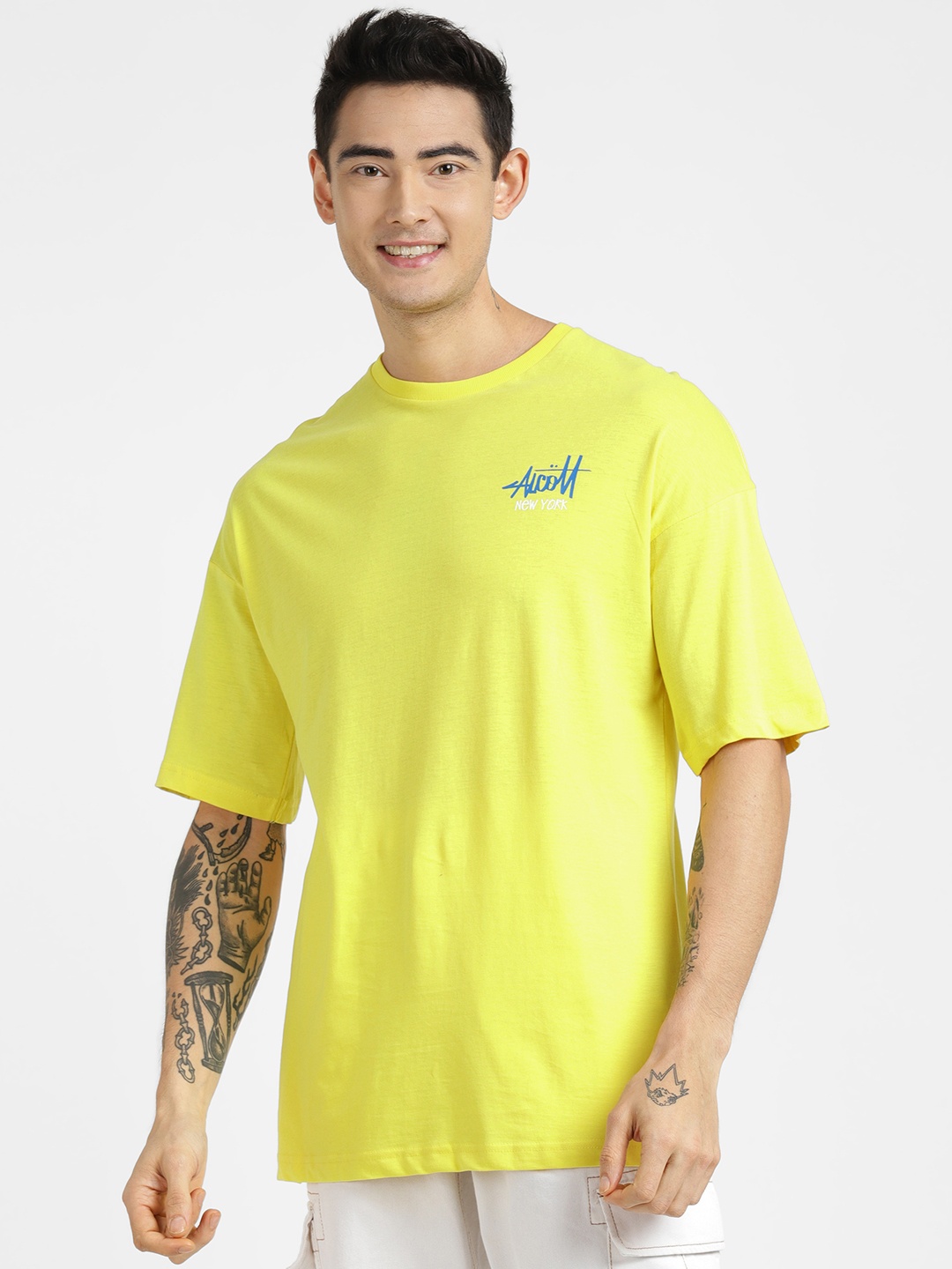 

ALCOTT Men Brand Logo Printed Pure Cotton T-shirt, Yellow