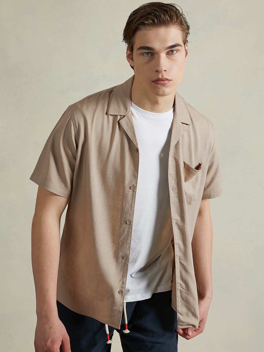 

ALCOTT Cuban Collar Opaque Casual Shirt, Beige