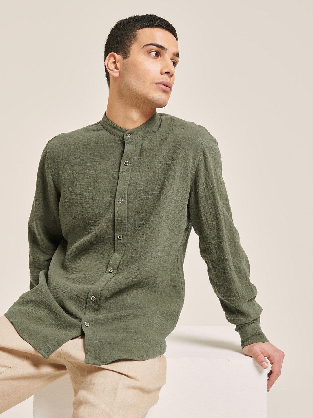 

ALCOTT Longline Band Collar Cotton-Linen Casual Shirt, Khaki