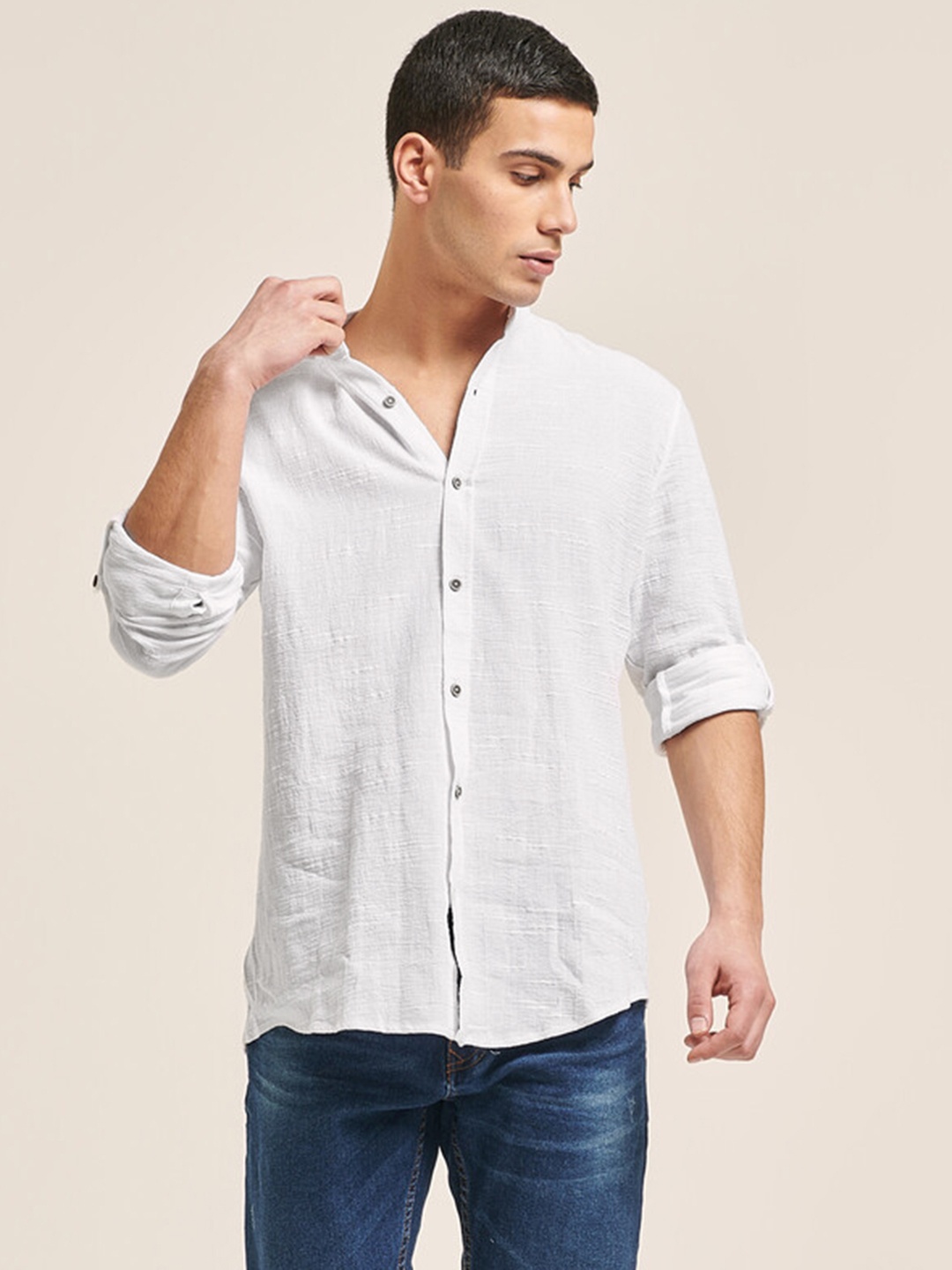 

ALCOTT Band Collar Cotton-Linen Casual Shirt, White