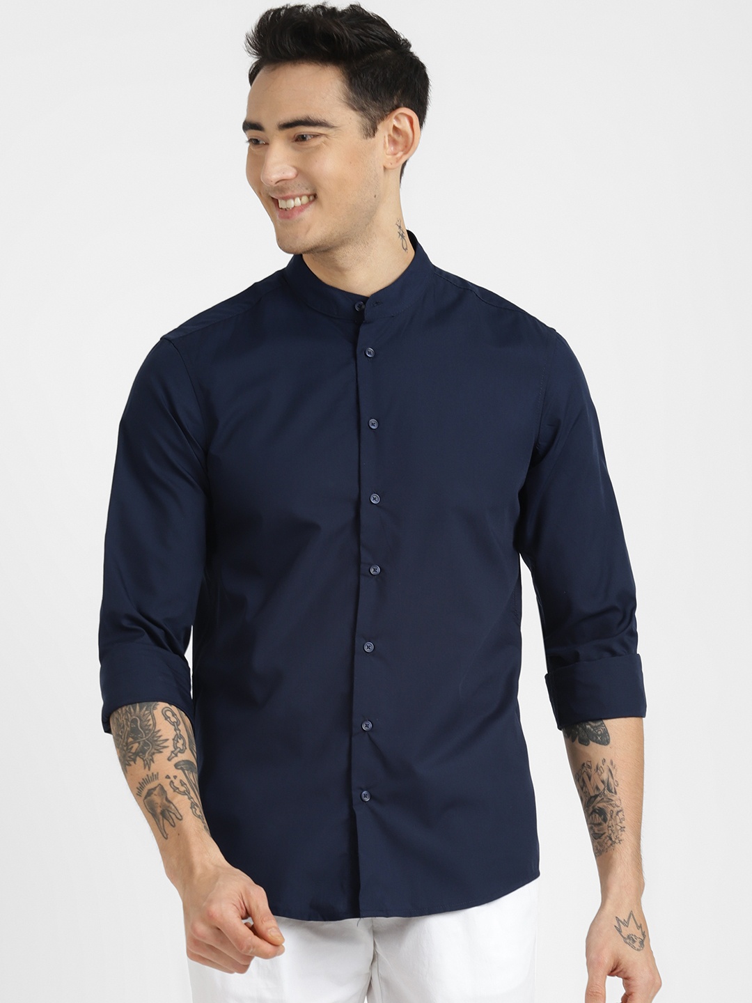 

ALCOTT Longline Band Collar Casual Shirt, Navy blue