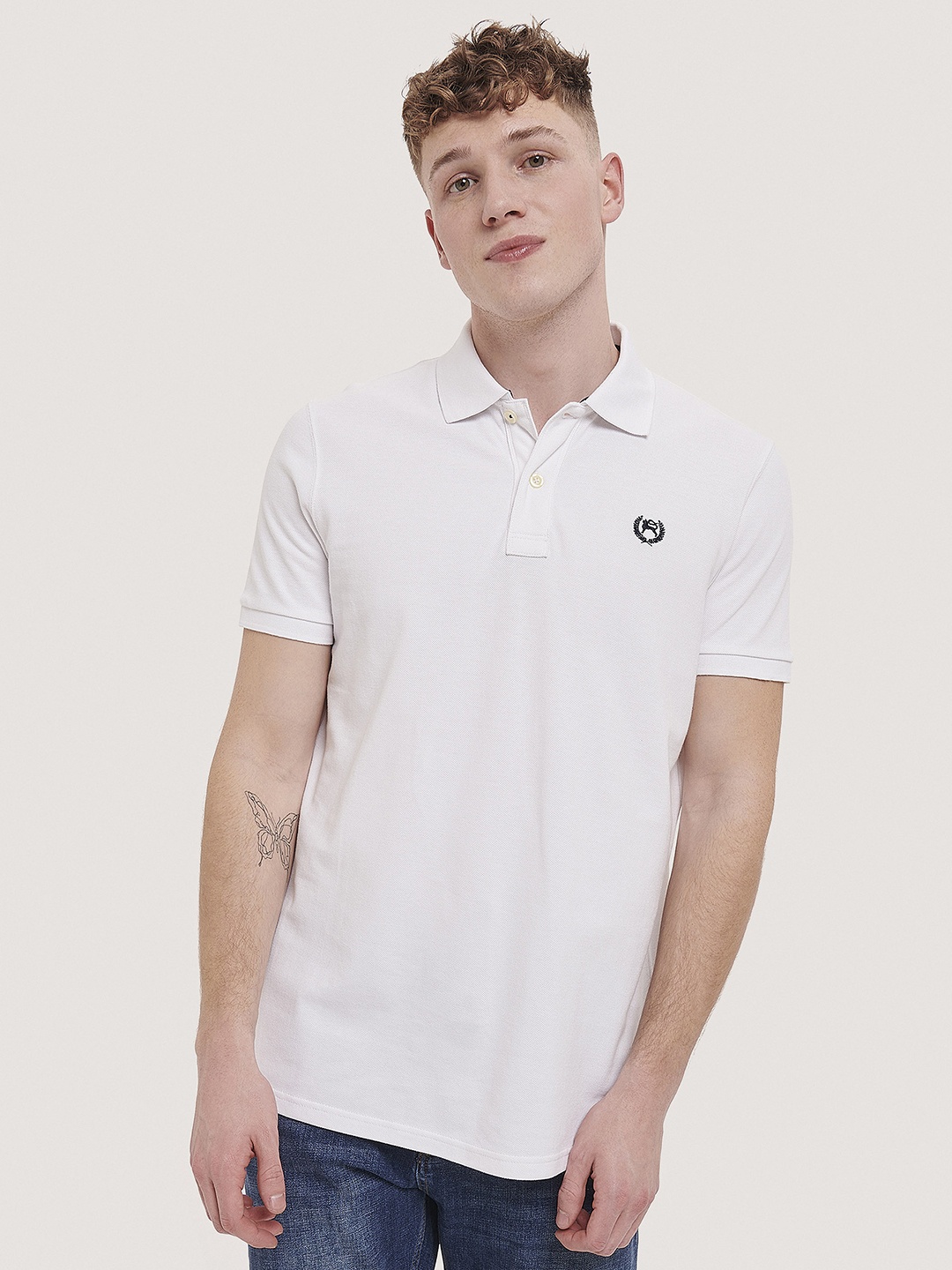 

ALCOTT Men Polo Collar Pure Cotton T-shirt, White