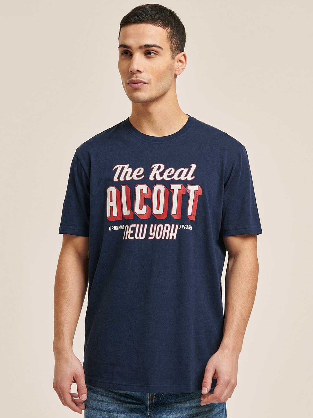

ALCOTT Men Brand Logo Print Pure Cotton T-shirt, Navy blue