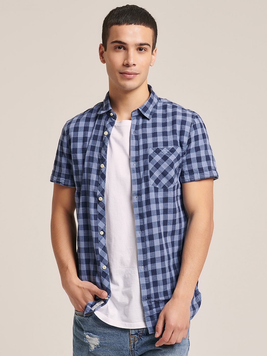 

ALCOTT Gingham Checked Cotton Opaque Casual Shirt, Blue