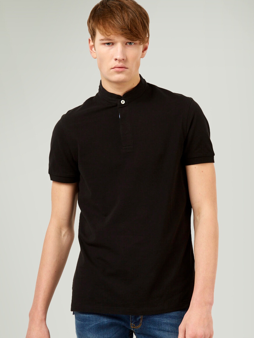 

ALCOTT Men Band Collar Pure Cotton T-shirt, Black