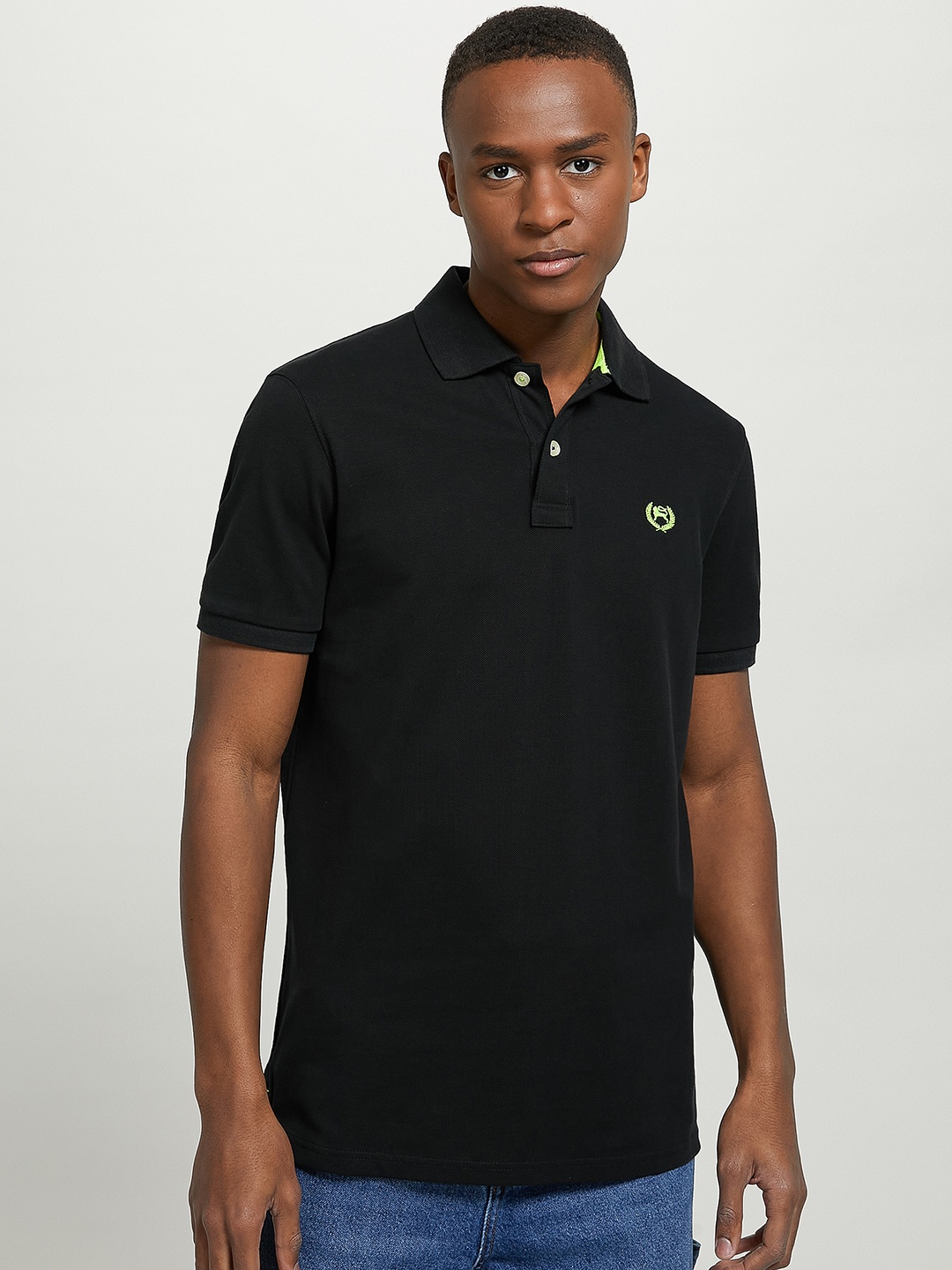 

ALCOTT Men Custom Fit Polo Collar Pure Cotton T-shirt, Black