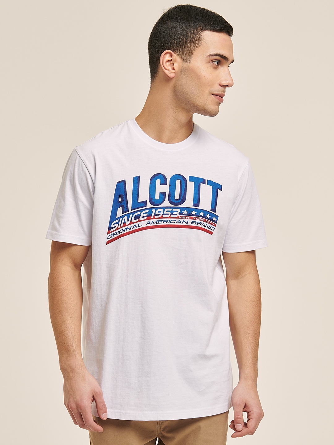 

ALCOTT Men Brand Logo Printed Pure Cotton T-shirt, White