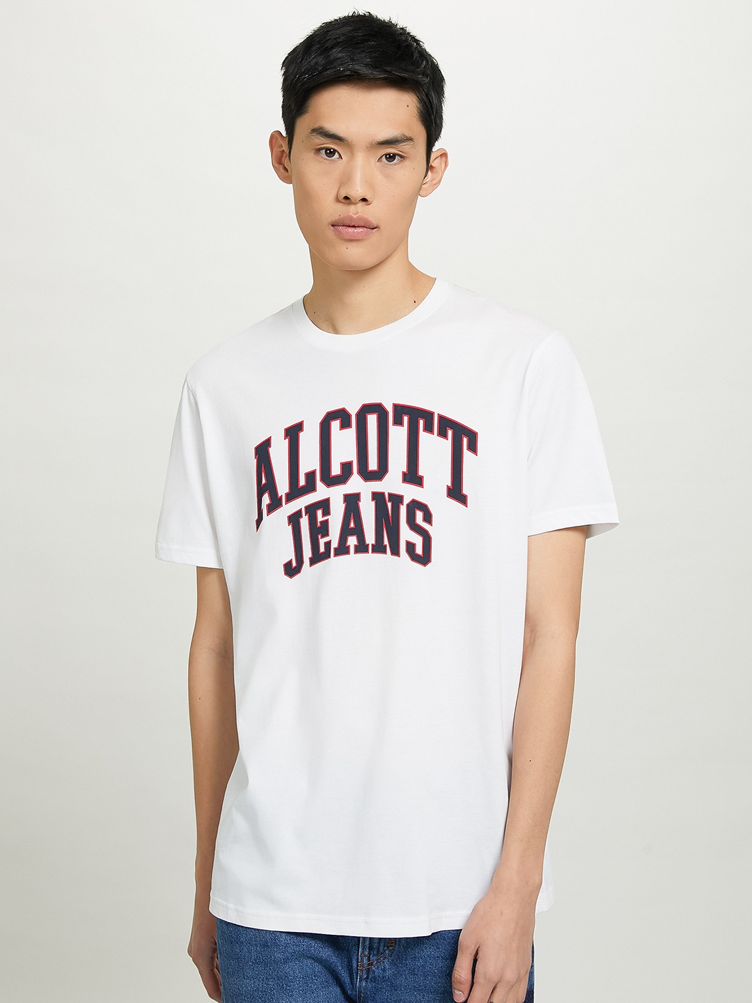 

ALCOTT Men Brand Logo Printed Pure Cotton T-shirt, White