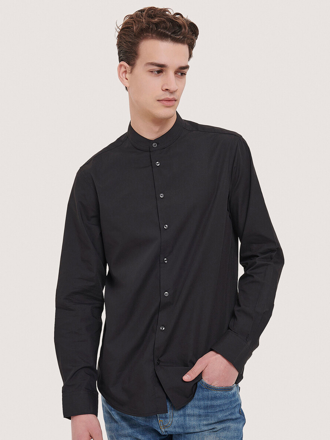 

ALCOTT Band Collar Long Sleeves Casual Shirt, Black