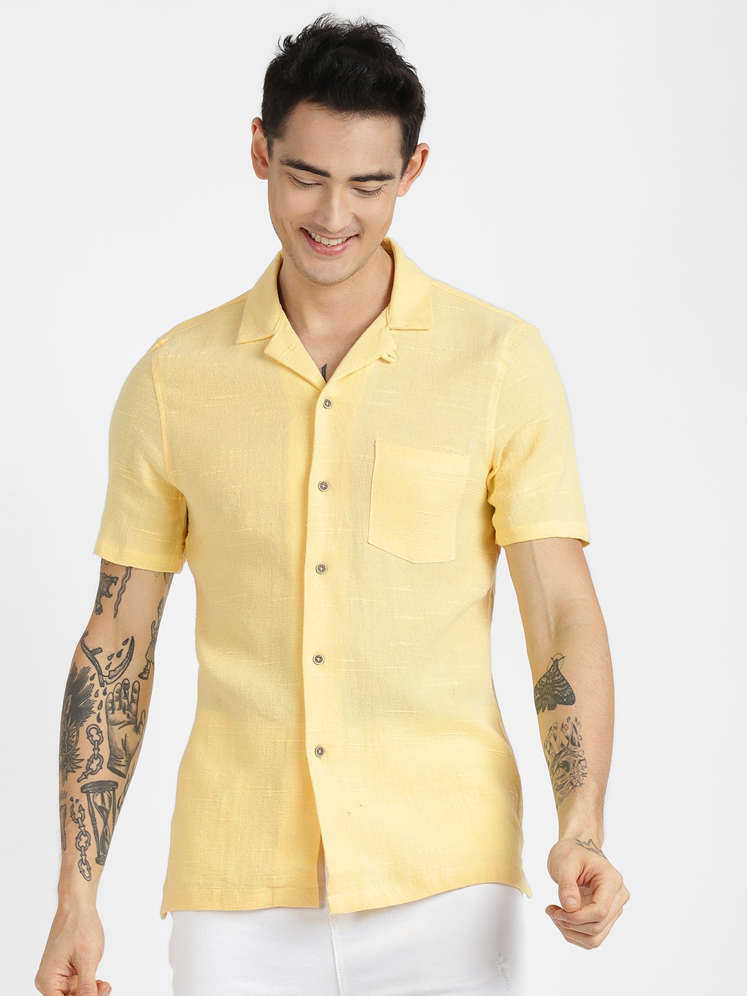 

ALCOTT Cuban Collar Boxy Fit Opaque Casual Shirt, Yellow