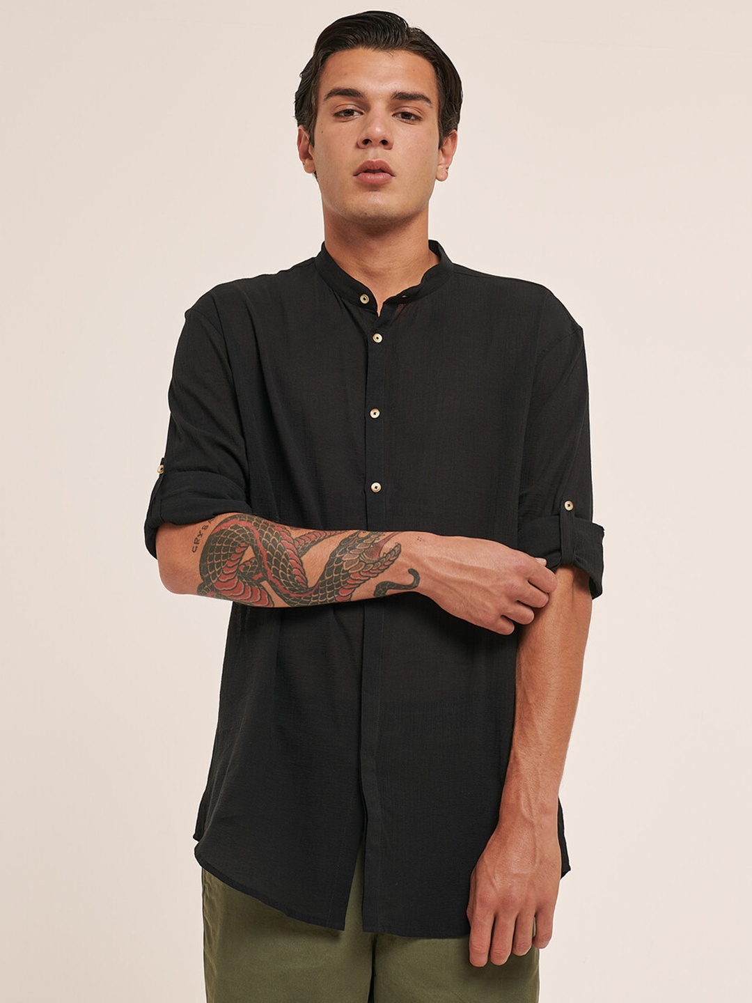 

ALCOTT Long Roll Up Sleeves Opaque Casual Shirt, Black