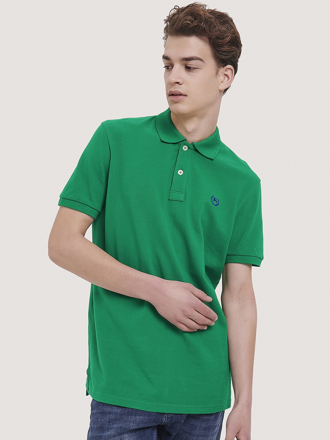 

ALCOTT Men Polo Collar Pure Cotton T-shirt, Green