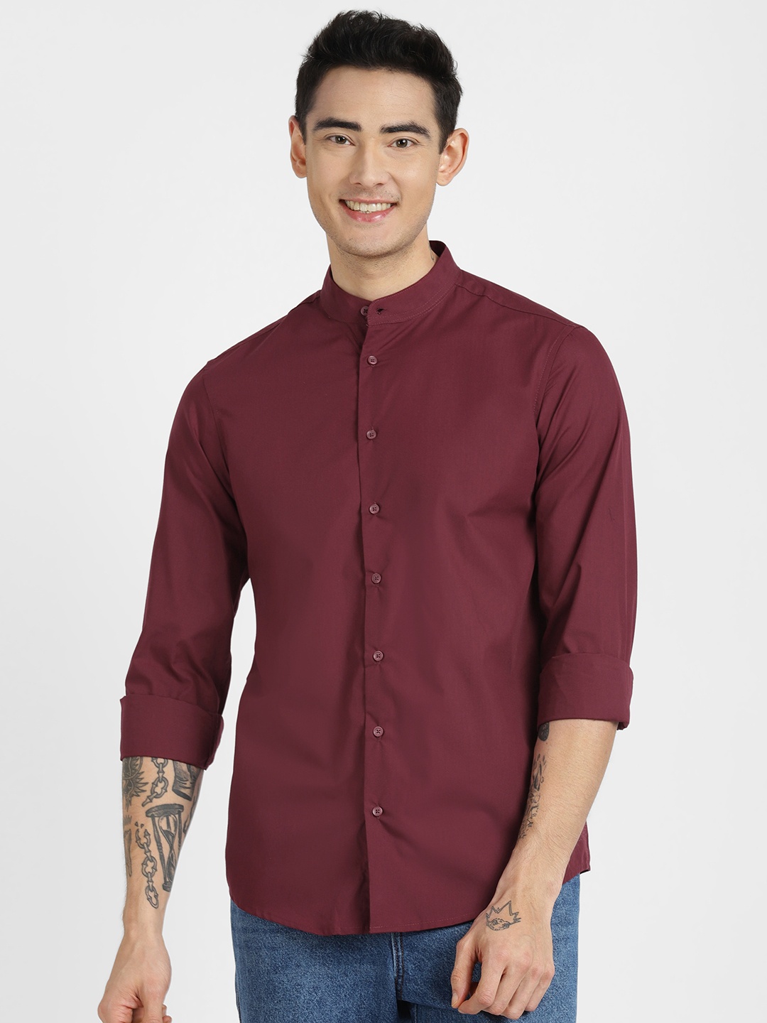 

ALCOTT Band Collar Long Sleeves Casual Shirt, Burgundy