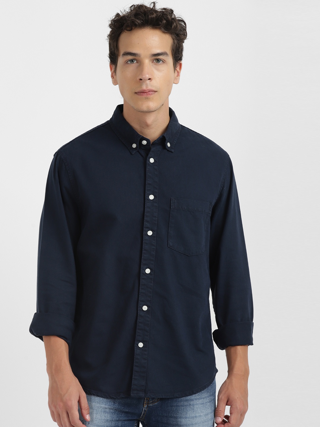 

ALCOTT Men Solid Button-Down Shacket, Navy blue