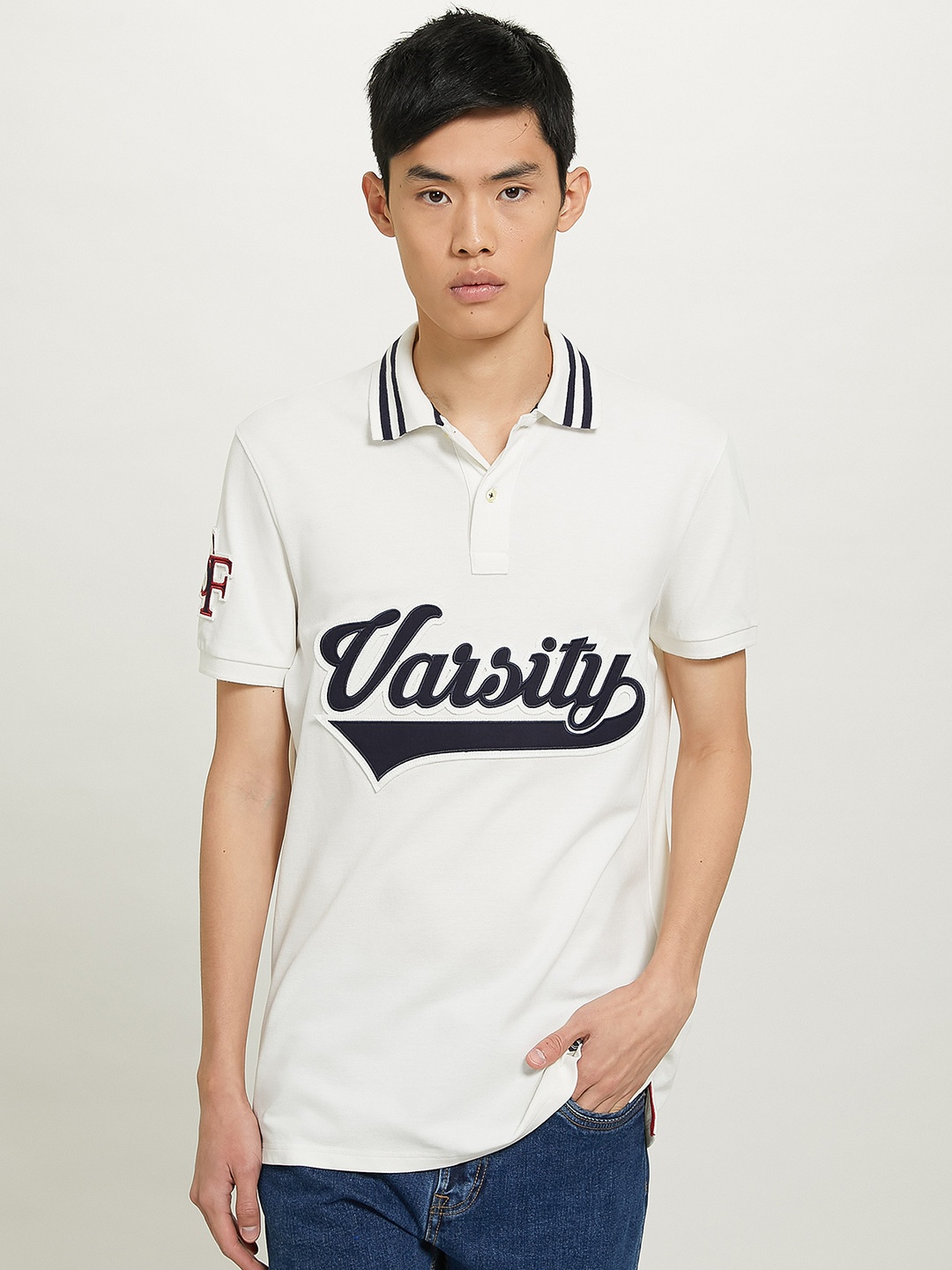 

ALCOTT Men Varsity Applique Detail Polo Collar Pure Cotton T-shirt, Off white