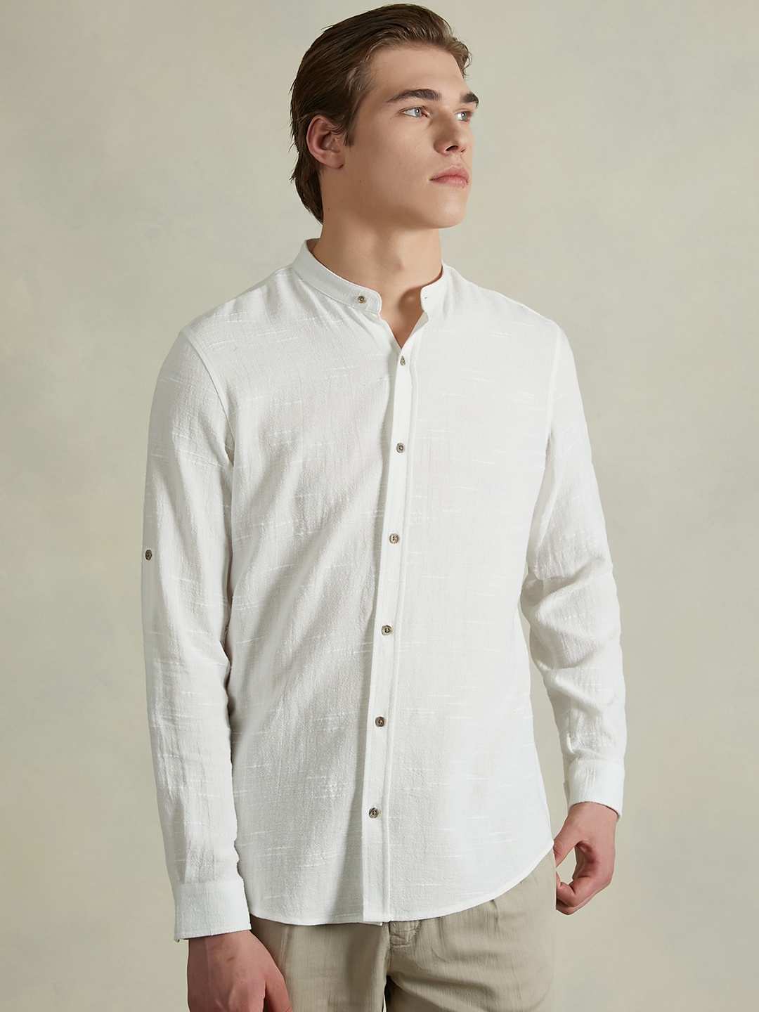 

ALCOTT Band Collar Long Sleeves Opaque Casual Shirt, Off white