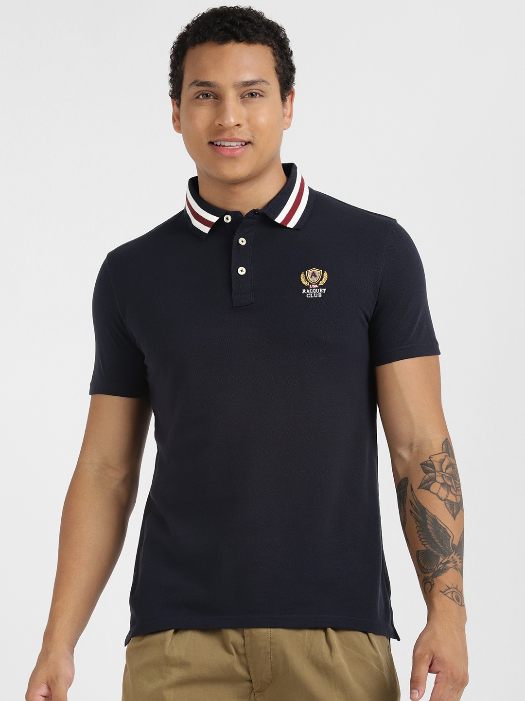

ALCOTT Men Polo Collar Pure Cotton T-shirt, Navy blue