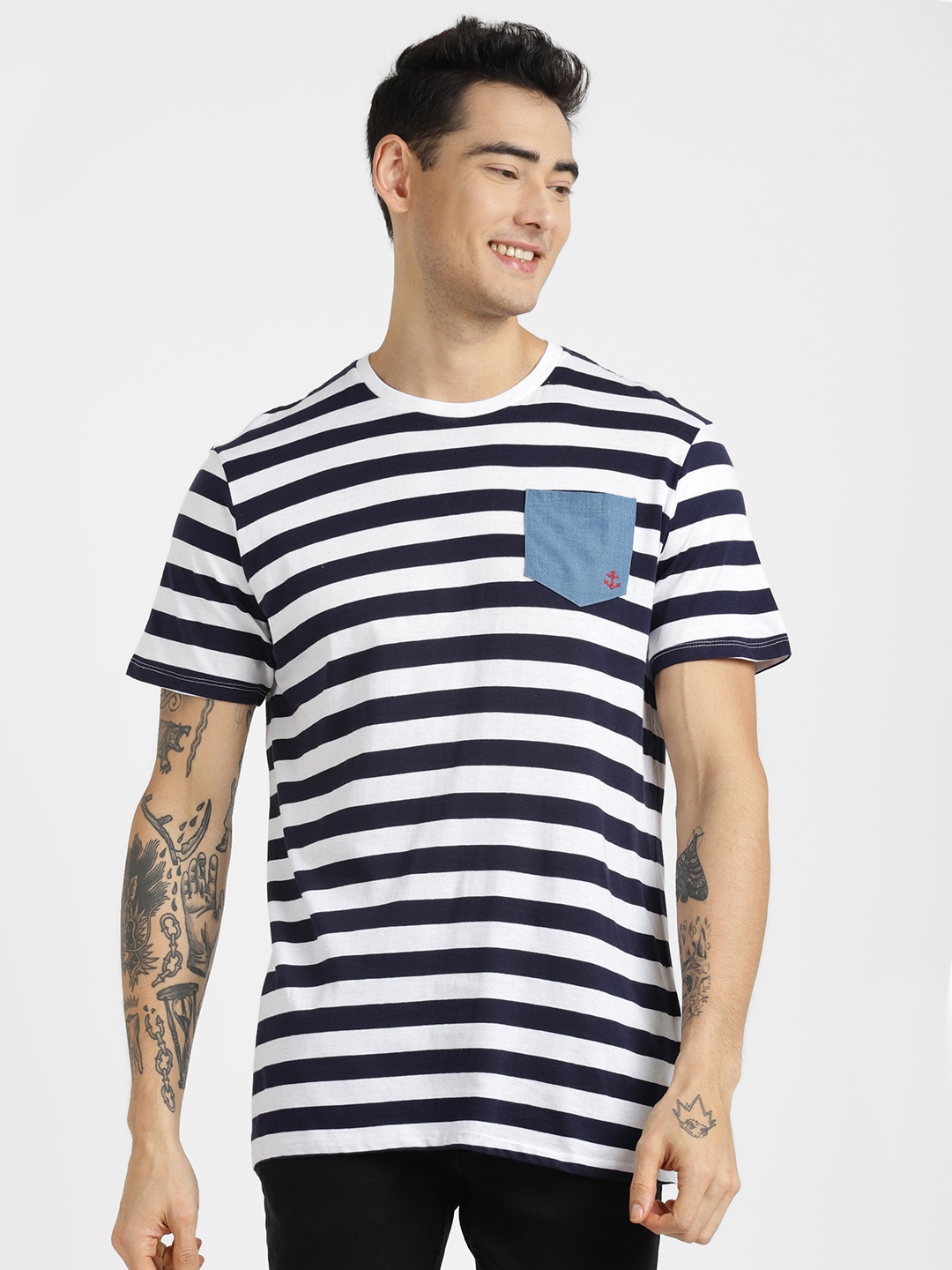 

ALCOTT Men Striped Pure Cotton Contrast Pocket Detail T-shirt, Blue