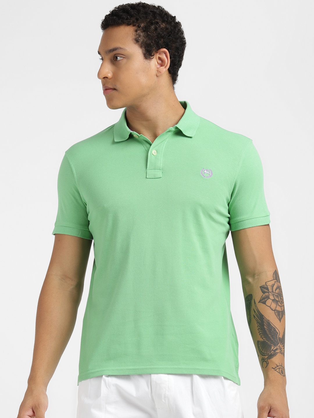 

ALCOTT Men Polo Collar Pure Cotton T-shirt, Green
