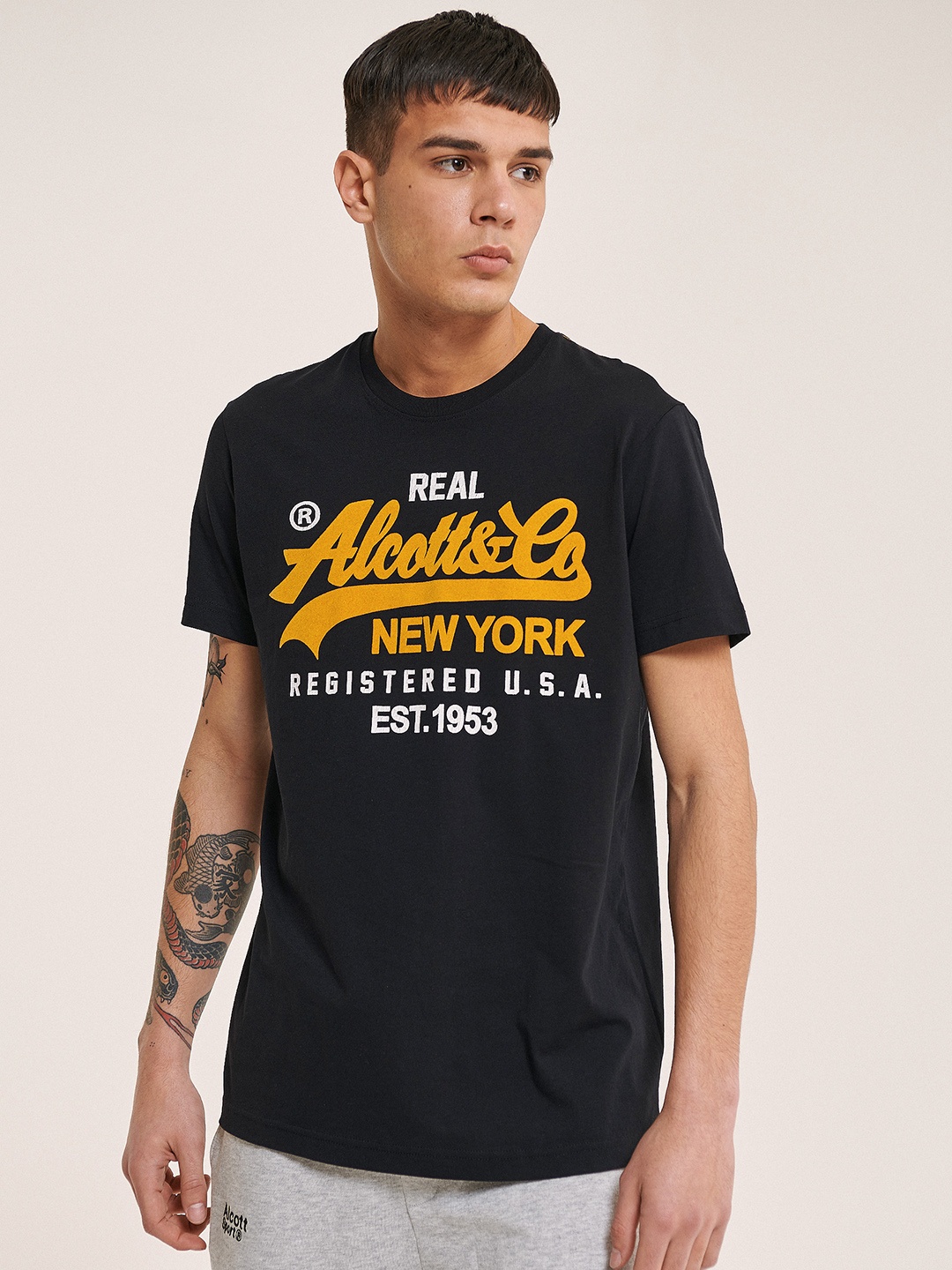 

ALCOTT Typography Printed Pure Cotton T-shirt, Black