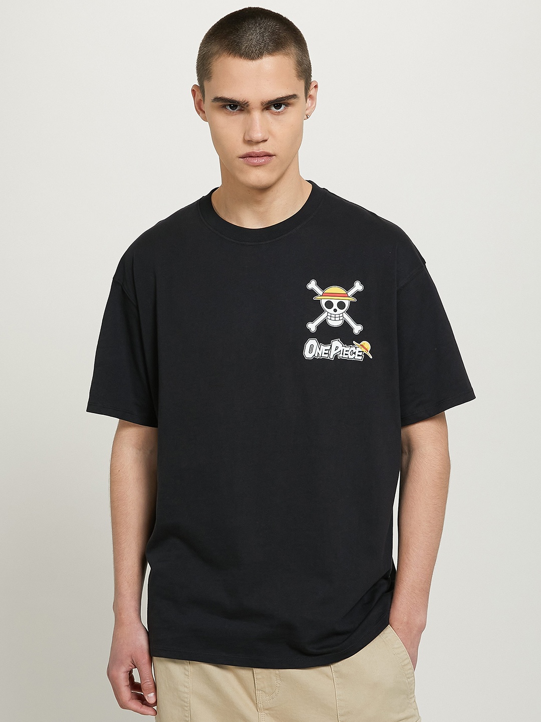 

ALCOTT Graphic & Typography Printed Drop Shoulders Pure Cotton Relaxed Fit T-shirt, Black