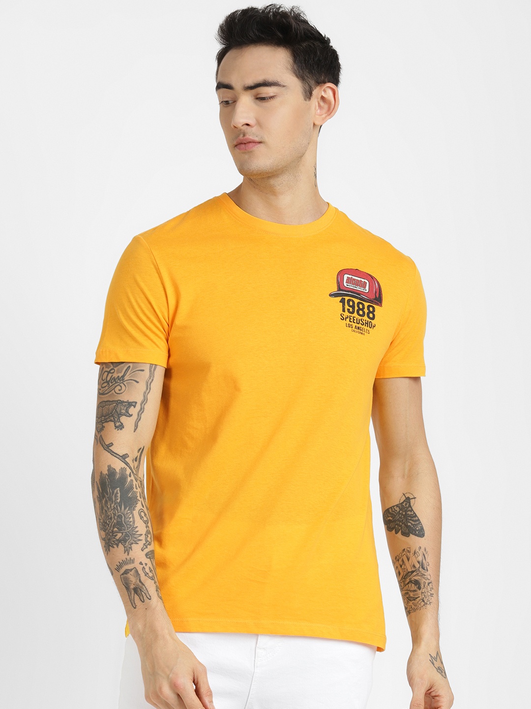 ALCOTT Graphic & Typography Printed Pure Cotton T-shirt, Yellow