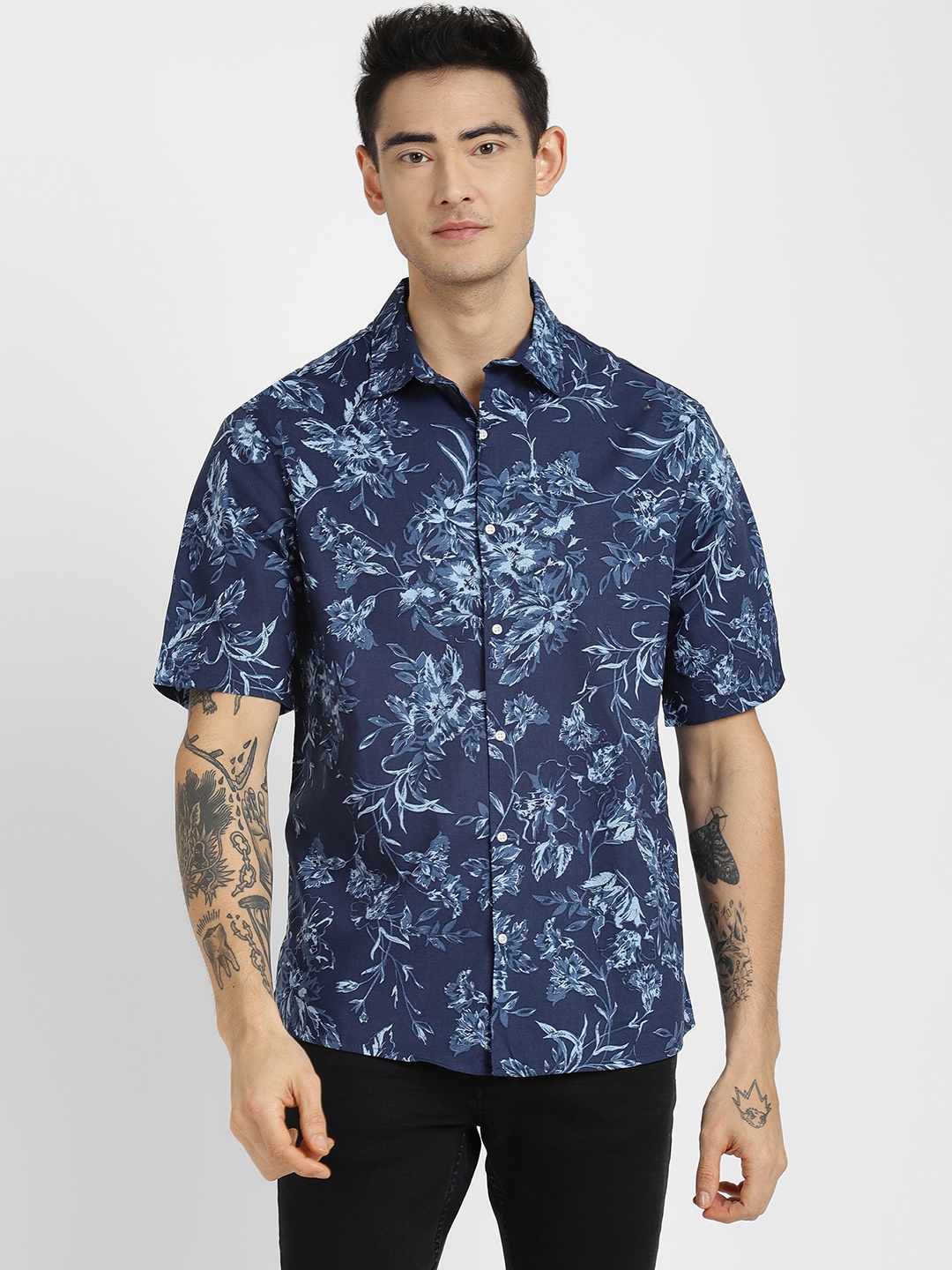 

ALCOTT Pure Cotton Floral Printed Casual Shirt, Navy blue