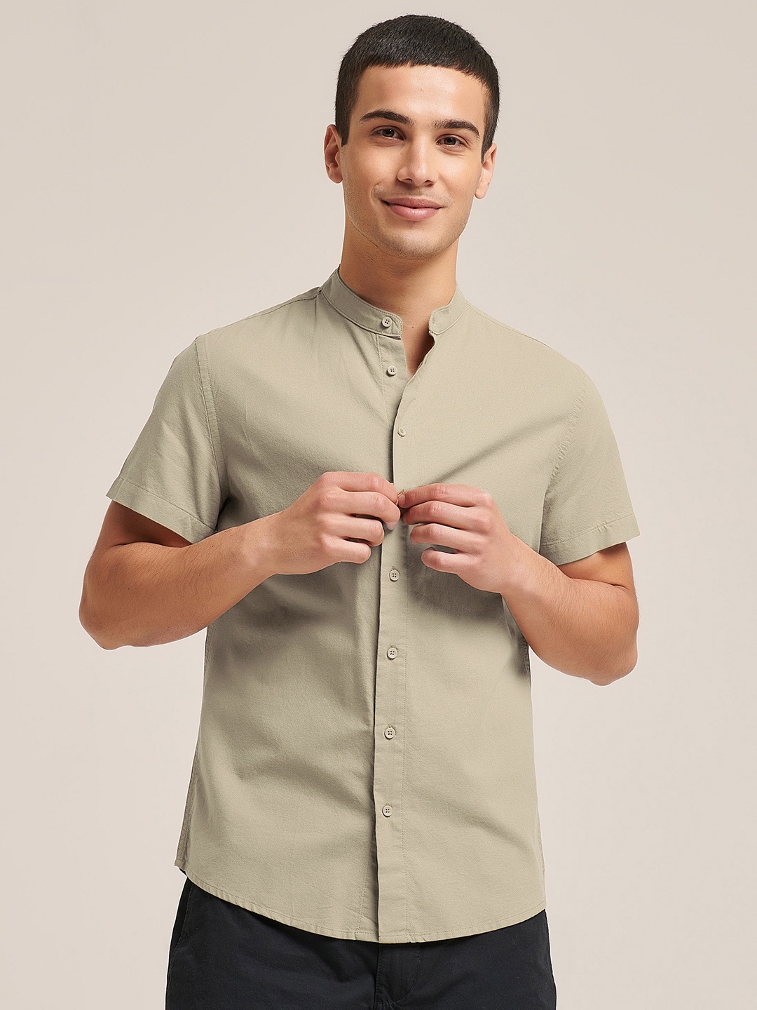 

ALCOTT Band Collar Short Sleeves Casual Shirt, Beige