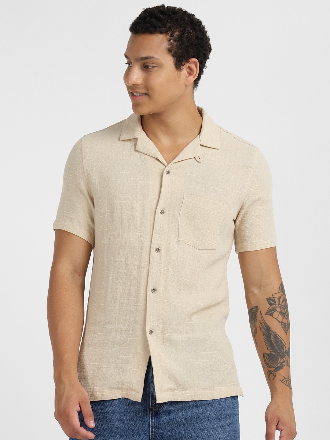 

ALCOTT Short Sleeves Boxy Fit Opaque Casual Shirt, Beige