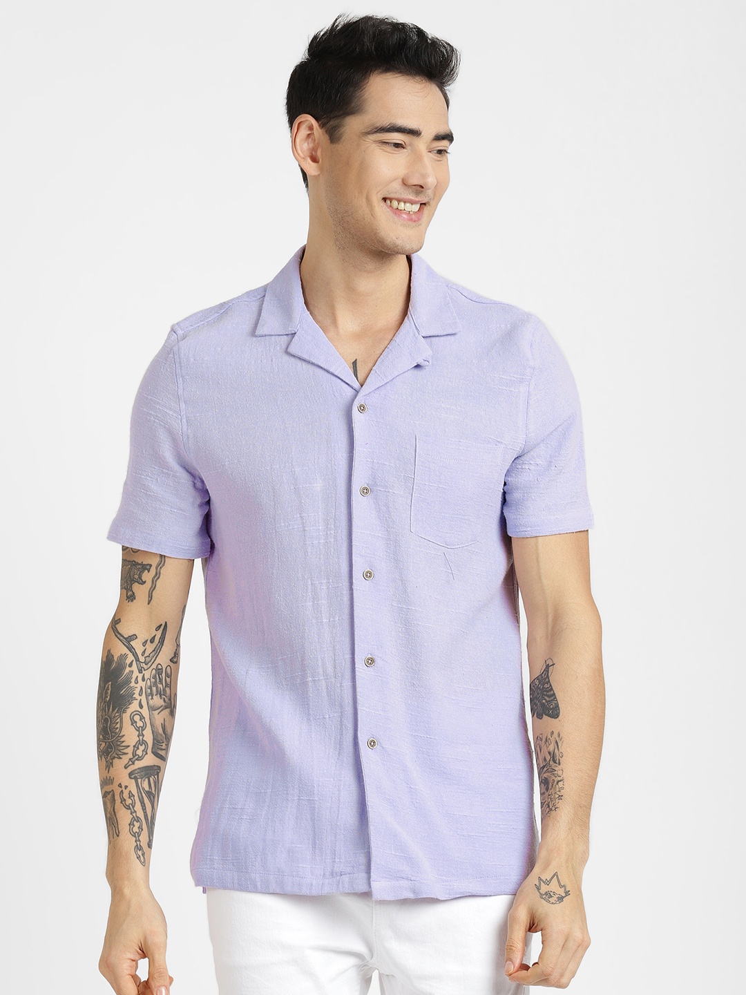 

ALCOTT Cuban Collar Boxy Fit Opaque Casual Shirt, Lavender