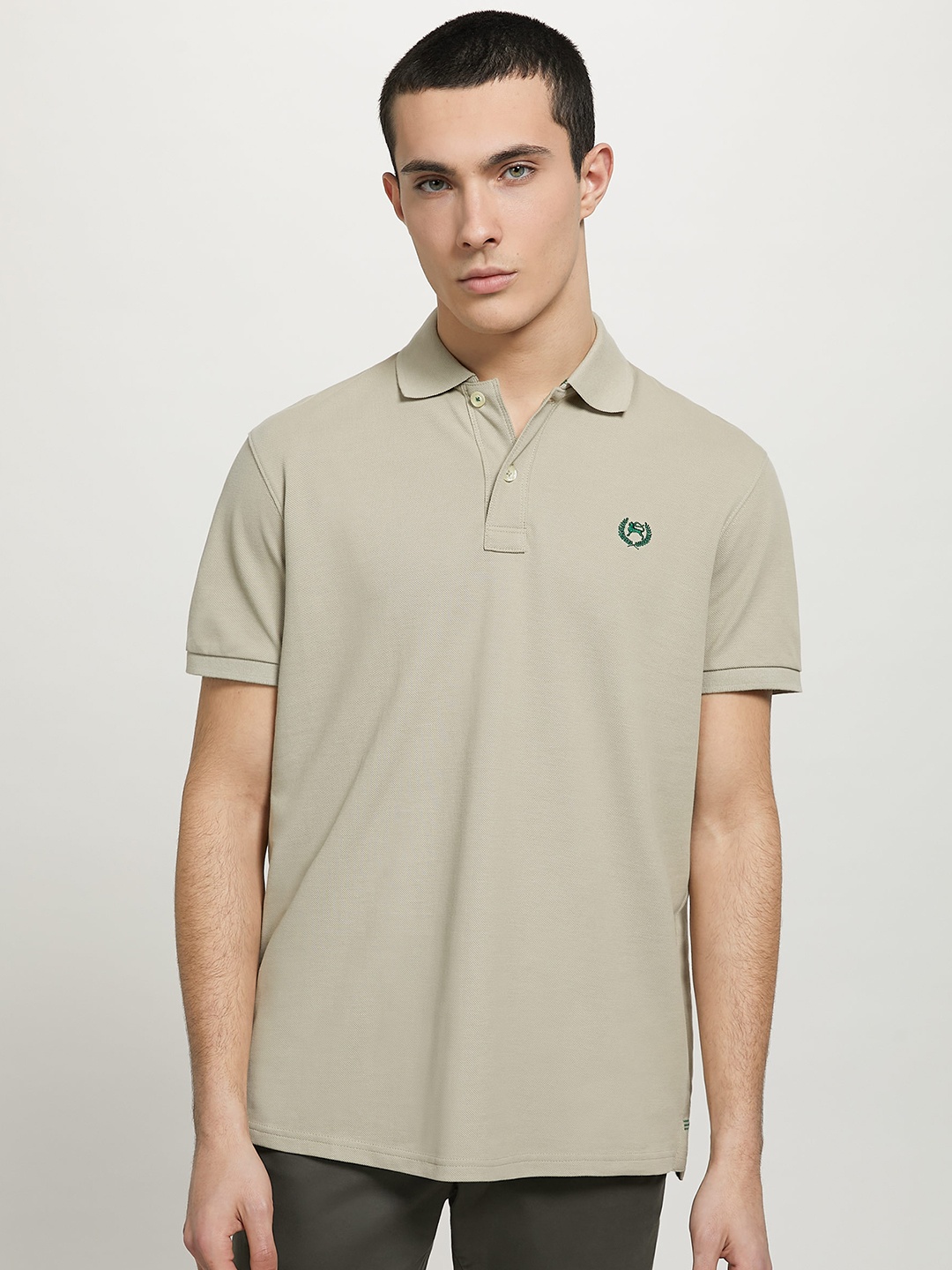 

ALCOTT Polo Collar Pure Cotton T-shirt with Embroidered Detail, Beige