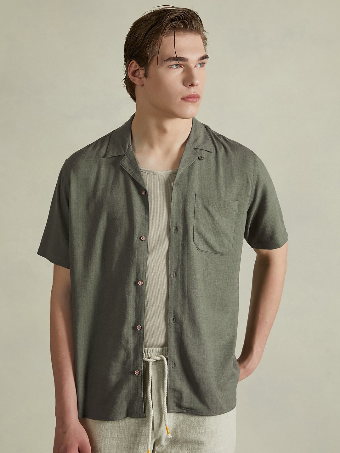 

ALCOTT Cuban Collar Short Sleeves Casual Shirt, Green