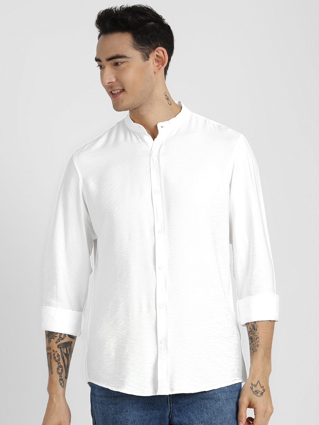 

ALCOTT Band Collar Long Sleeves Opaque Casual Shirt, White