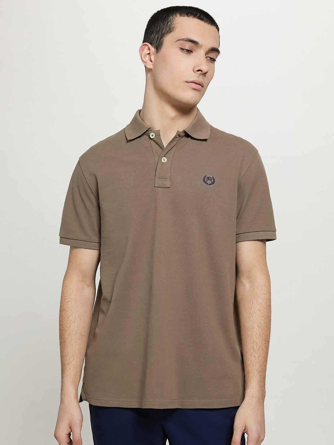 

ALCOTT Polo Collar Pure Cotton T-shirt with Embroidered Detail, Brown